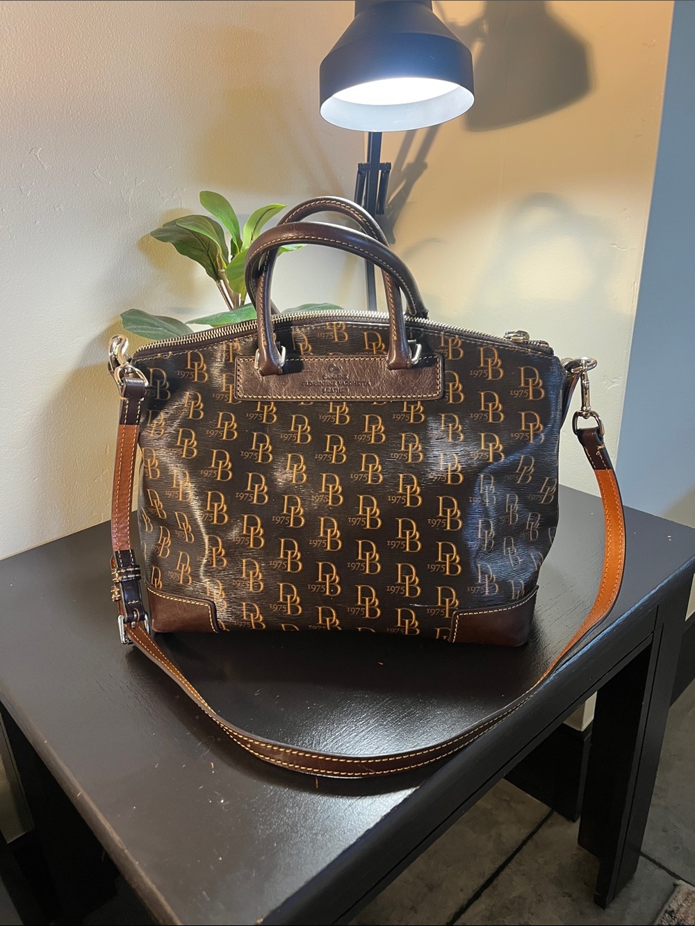 Dooney & Bourke Brown and Tan Logo Satchel #(p-20)